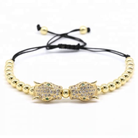 Bijuterii barbati - Bratara cu margele luxury, model in forma de jaguar, macrame, reglabila pe snur, pietre zirconiu, placata cu aur 24K, auriu