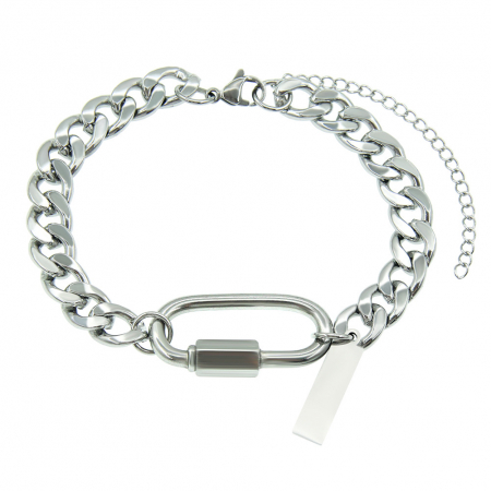 Bratara Cuban Chain, catarama ovala, otel inoxidabil, placuta gravabila, unisex, Tessero, extensie reglabila, argintiu [1]