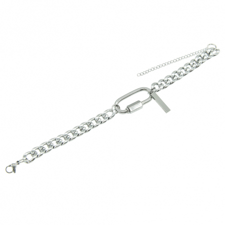 Bratara Cuban Chain, catarama ovala, otel inoxidabil, placuta gravabila, unisex, Tessero, extensie reglabila, argintiu [3]