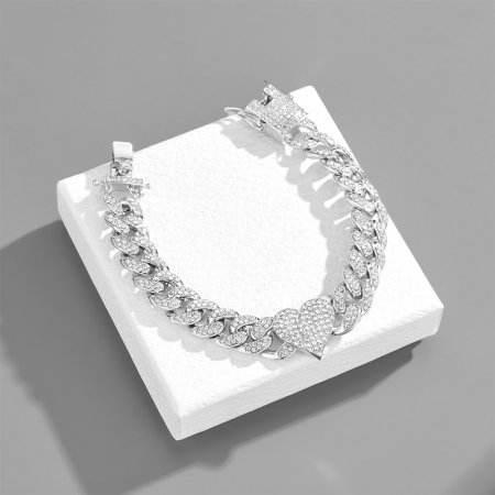 Bratara Cuban Chain cu charm in forma de inimioara, placat cu aur 18K, pietre zirconiu, 13 mm, unisex, Tessero, argintiu [2]
