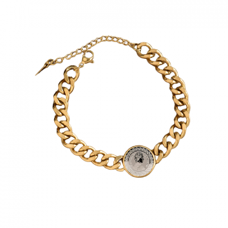 Bijuterii barbati - Bratara Cuban Chain cu moneda, marime reglabila, otel inoxidabil, placat cu aur 18K, auriu