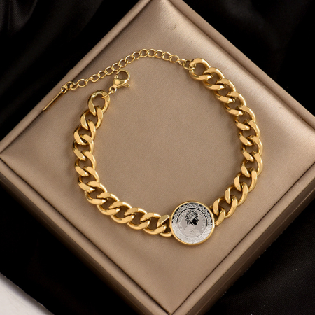 Bratara Cuban Chain cu moneda, marime reglabila, otel inoxidabil, placat cu aur 18K, auriu [1]
