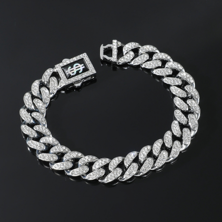 Bijuterii barbati - Bratara Cuban Chain Hip Hop, catarama actionata prin buton cu semnul dolarului, placat cu aur 18K, pietre zirconiu, 13 mm, unisex, Tessero, argintiu