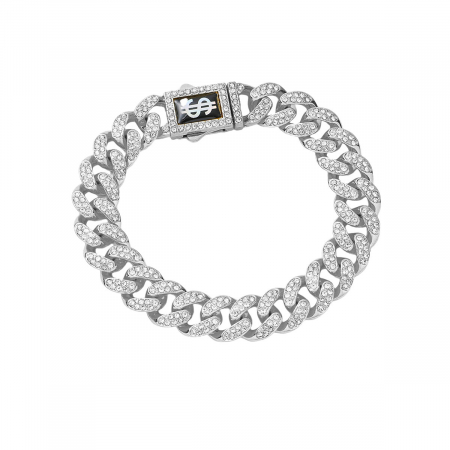 Bratara Cuban Chain Hip Hop, catarama actionata prin buton cu semnul dolarului, placat cu aur 18K, pietre zirconiu, 13 mm, unisex, Tessero, argintiu [1]