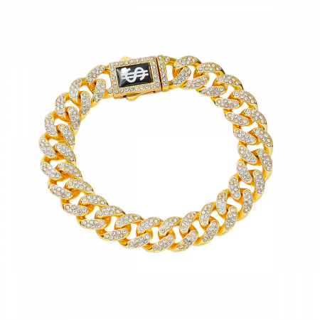 Bratara Cuban Chain Hip Hop, catarama actionata prin buton cu semnul dolarului, placat cu aur 18K, pietre zirconiu, 13 mm, unisex, Tessero, auriu [1]