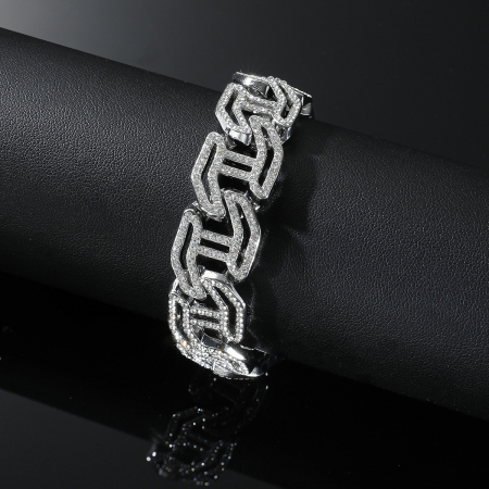 Bratara Cuban Chain Hip Hop, catarama actionata prin buton, placat cu aur 18K, pietre zirconiu, 16 mm, unisex, Tessero, argintiu [2]
