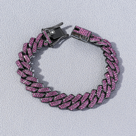Bijuterii barbati - Bratara Cuban Chain Hip Hop, catarama cu siguranta, placat cu aur 18K, pietre zirconiu de culoare mov, 13 mm, unisex, Tessero, unisex, negru si mov