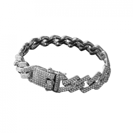 Bijuterii barbati - Bratara Cuban Chain link, design cubic, pietre zirconiu, placata cu aur 18K, 20 cm, argintiu