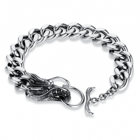 Bijuterii barbati - Bratara Cuban Chain model dragon din otel inoxidabil, 13mm, 21 cm, argintiu