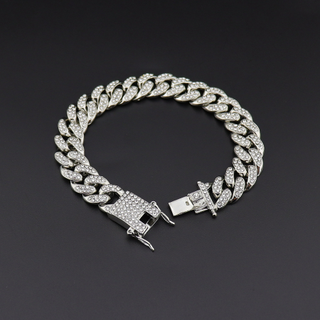 Bratara Cuban Chain placata cu aur 18k, pietre zirconiu, 13mm, argintiu [1]