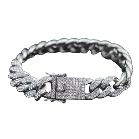 Bijuterii barbati - Bratara Cuban Chain placata cu aur 18k, pietre zirconiu, 13mm, argintiu