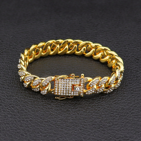 Bratara Cuban Chain placata cu aur 18k, pietre zirconiu, 13mm, auriu [1]