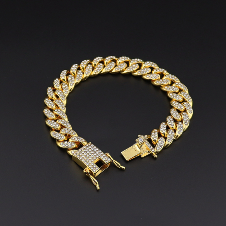 Bratara Cuban Chain placata cu aur 18k, pietre zirconiu, 13mm, auriu [2]