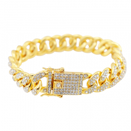 Bijuterii barbati - Bratara Cuban Chain placata cu aur 18k, pietre zirconiu, 13mm, auriu