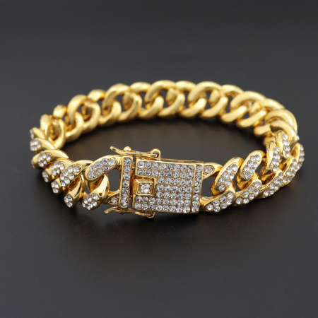 Bratara Cuban Chain placata cu aur 18k, pietre zirconiu, 13mm, auriu [3]