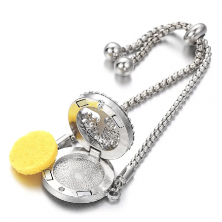 Bijuterii dama - Bratara de dama aromaterapie, marime reglabila, pietre zirconiu, spatiu depozitare buretel cu prindere magnet pentru ulei terapeutic / parfum, 10 rezerve incluse, placat cu argint, Tessero, charm cu f