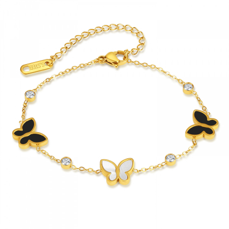 Bijuterii dama - Bratara de dama, charm-uri in forma de fluture, pietre zirconiu, otel inoxidabil, placat cu aur 18K, Tessero, auriu