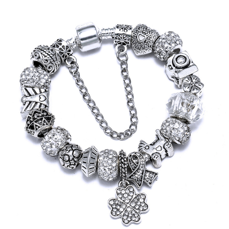 Bijuterii dama - Bratara de dama cu 18 charm-uri, model in forma de trifoi cu pietre zirconiu, placat cu argint, inchidere clips, marime 18 cm, Tessero, argintiu