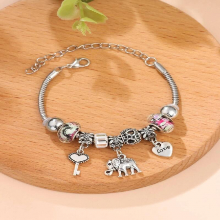 Bratara de dama cu 9 charmuri, model cu elefant si inima, placata cu aur 18K, marime reglabila, argintiu, Tessero [3]