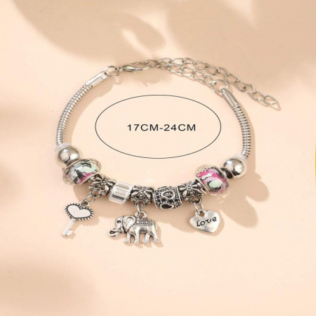Bratara de dama cu 9 charmuri, model cu elefant si inima, placata cu aur 18K, marime reglabila, argintiu, Tessero [1]