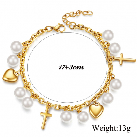 Bratara de dama cu charm-uri in forma de cruce si inima, perle naturale, placat cu aur 18K, otel inoxidabil, reglabila, Tessero, auriu [1]