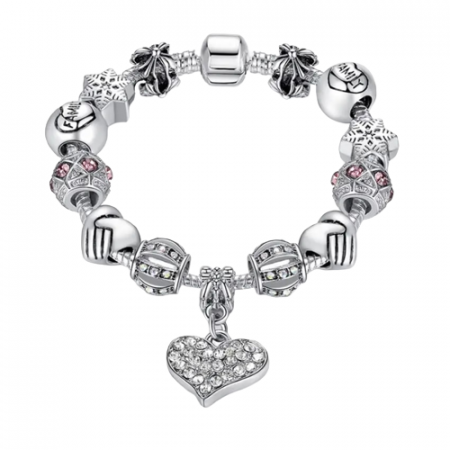Bijuterii dama - Bratara de dama cu charm-uri, model in forma de inima cu pietre zirconiu, placat cu argint, inchidere clips, marime 19 cm, Tessero, argintiu