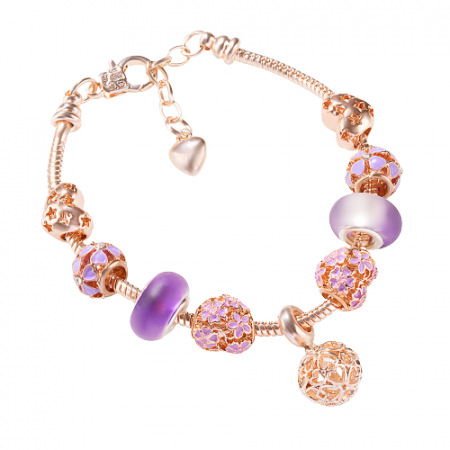 Bijuterii dama - Bratara de dama cu charmuri flori si stelute, placata cu aur 18K, marime reglabila 17cm cu extensie 4 cm, mov si rose gold