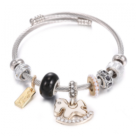 Bijuterii dama - Bratara de dama cu charmuri in forma de calut, model bangle, dimensiune reaglabila, placata cu argint, Tessero