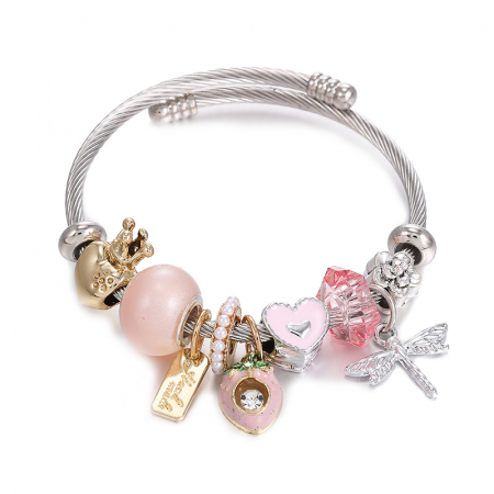 Bijuterii dama - Bratara de dama cu charmuri in forma de libelula, model bangle, dimensiune reaglabila, placata cu argint