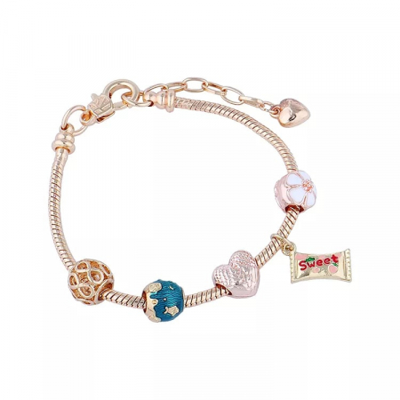 Bijuterii dama - Bratara de dama cu charmuri in forma de punguta cu dulciuri si inimioara, placata cu aur 18K, marime reglabila 17cm cu extensie 4 cm, auriu, Tessero
