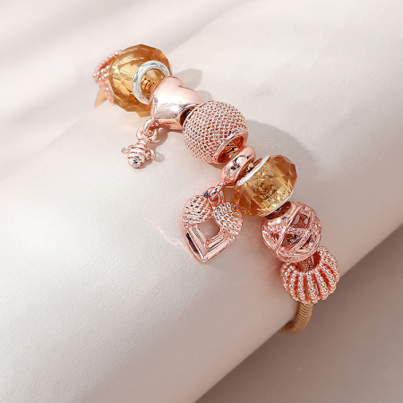 Bratara de dama cu charmuri inimioare, placata cu aur 18K, marime reglabila 17cm+4, rose gold [2]