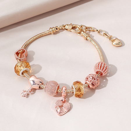 Bijuterii dama - Bratara de dama cu charmuri inimioare, placata cu aur 18K, marime reglabila 17cm+4, rose gold