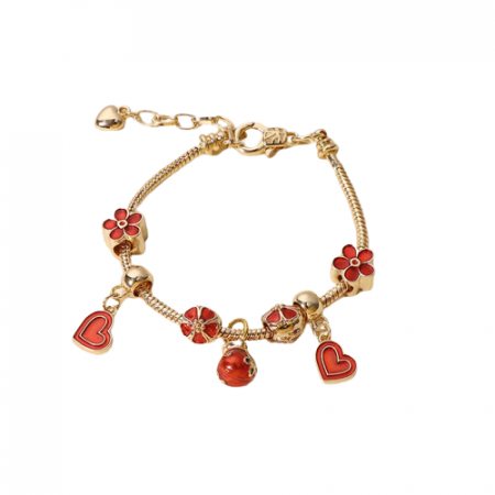Bijuterii dama - Bratara de dama cu charmuri inimioare si flori, placata cu aur 18K, marime reglabila 17cm+4, auriu