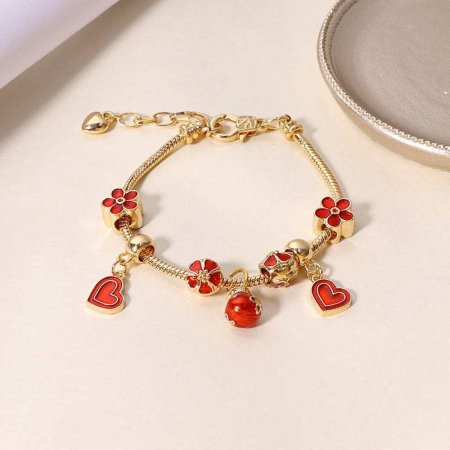 Bratara de dama cu charmuri inimioare si flori, placata cu aur 18K, marime reglabila 17cm+4, auriu [3]