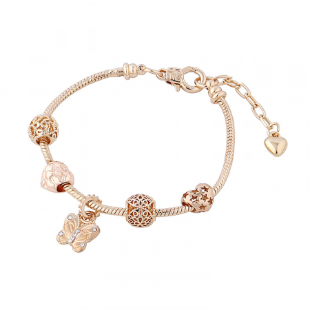Bijuterii dama - Bratara de dama cu charmuri, model cu fluture, pietre zirconiu, placata cu aur 18K, marime reglabila 17cm cu extensie, auriu