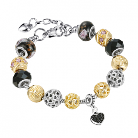 Bijuterii dama - Bratara de dama cu charmuri , model cu inimioara neagra, pietre zirconiu, placata cu aur 18K, marime reglabila 17cm+4, argintiu