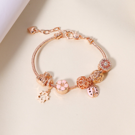 Bratara de dama cu charmuri, model floral, buburuza, placata cu aur 18K, marime reglabila 17cm+4, pietre zirconiu, rose gold [2]