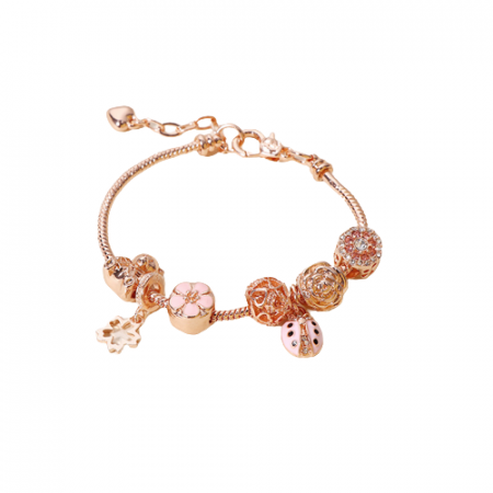 Bijuterii dama - Bratara de dama cu charmuri, model floral, buburuza, placata cu aur 18K, marime reglabila 17cm+4, pietre zirconiu, rose gold
