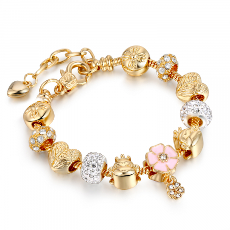 Bijuterii dama - Bratara de dama cu charmuri , model floral, pietre zirconiu, placata cu aur 18K, marime reglabila 17cm cu extensie 4 cm, auriu