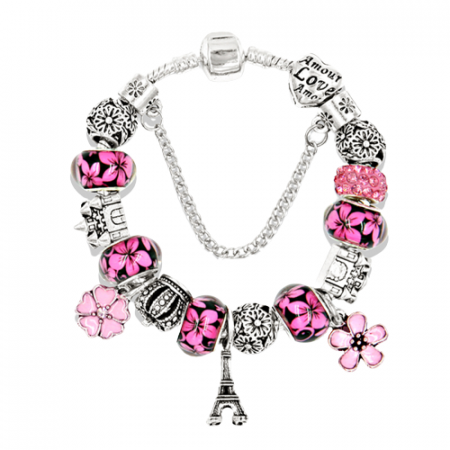 Bijuterii dama - Bratara de dama cu charmuri mov Turnul Eiffel, model floral, placata cu argint, marime 18 cm, argintiu