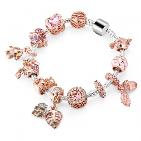 Bratara de dama cu charmuri rose gold, pietre zirconiu, placata cu argint, marime 18 cm, argintiu [2]