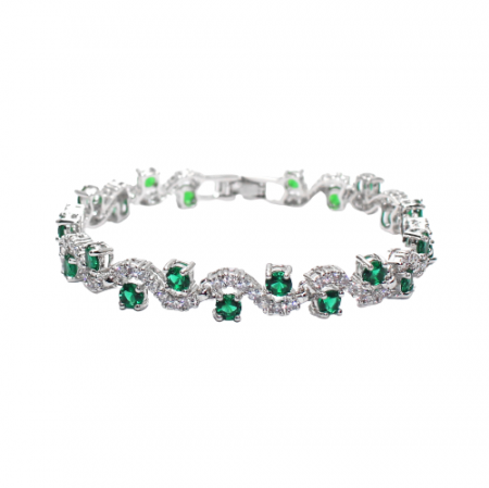Bijuterii dama - Bratara de dama cu pietre din zirconiu si cristale cu efect de Sapphire, placat cu argint, Tessero, 17 cm, inchidere clips, argintiu si verde