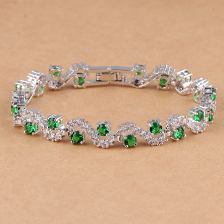 Bratara de dama cu pietre din zirconiu si cristale cu efect de Sapphire, placat cu argint, Tessero, 17 cm, inchidere clips, argintiu si verde [1]