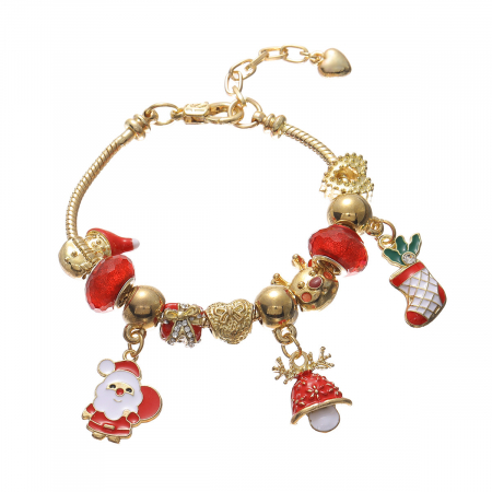 Bijuterii dama - Bratara de dama cu tematica de craciun, charm-uri in forma de Mos Craciun, pietre zirconiu, marime reglabila, placat cu aur 18K, Tessero, auriu