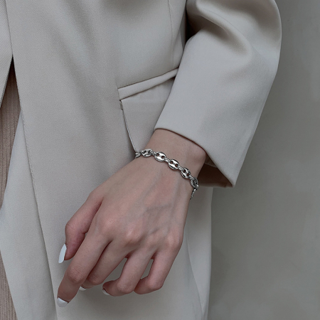 Bratara de dama din lant, model rotund in forma de boaba de cafea, placat cu aur 18K, marime reglabila prin extensie, unisex, Tessero, argintiu [1]
