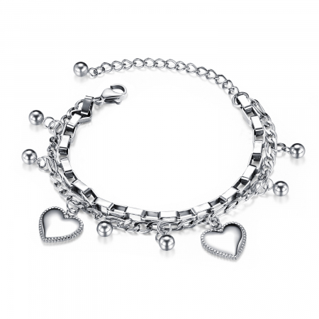 Bratara de dama dubla cu charm-uri in forma de inima, otel inoxidabil, design cubic, placat cu argint, 17+5 cm extensie, Tessero, argintiu [1]