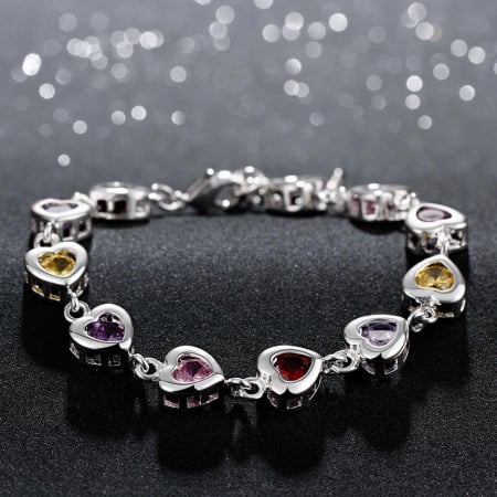 Bijuterii dama - Bratara de dama eleganta, model in forma de inimioare cu pietre ziconiu cu efect de Safir diferite culori, marime reglabila, placat cu argint 925, Tessero, argintiu