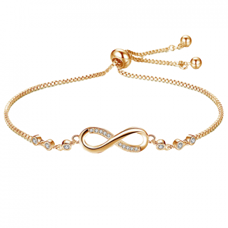 Bijuterii dama - Bratara de dama finuta, model reglabi cu charm in forma de semnul infinitului, pietre zirconiu, placat cu aur 18K, marime reglabila, Tessero, auriu
