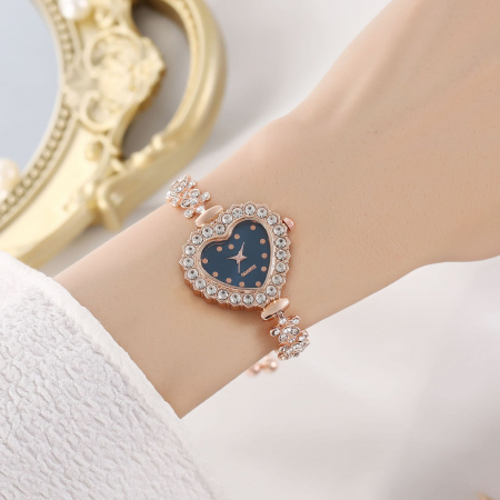 Bratara de dama in forma de floricele din zirconiu, model cu ceas quartz analog, marime reglabila, Tessero, rose gold [2]
