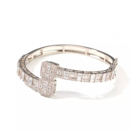 Bijuterii dama - Bratara de dama Luxury Iced Out tip Bangle, pietre zirconiu, placat cu aur 24K, inchidere cu prindere de siguranta, Tessero, argintiu